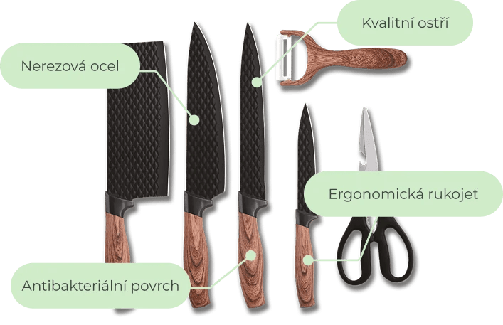 Kuchyňská sada obsahují sekáček, ostrý nůž, nůžky a škrabku